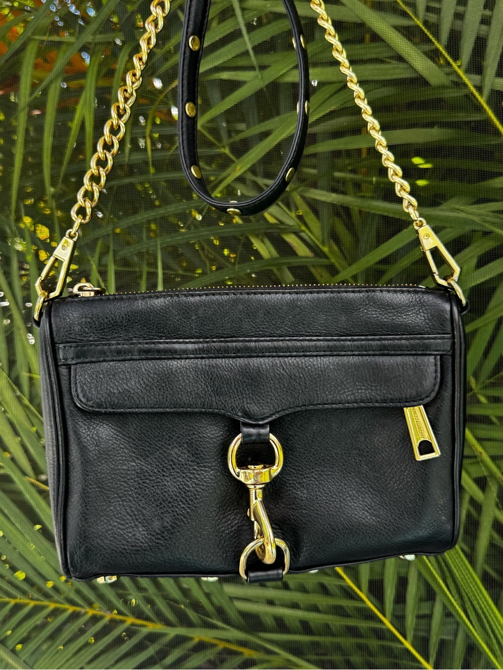 Rebecca Minkoff Mini MAC Black Leather Crossbody Purse Handbag Gold Chain Strap